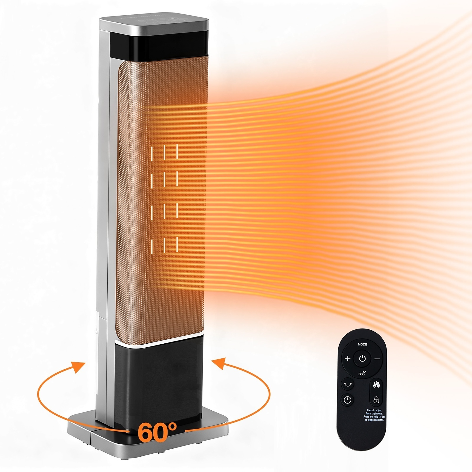 EdenDirect Space Heater — 24in., 1500W, Remote Control, Thermostat, 3 Light Modes, 60° Oscillation, 12-Hour Timer, Tip-Over Protection, Model# NFJ1F01-24SR